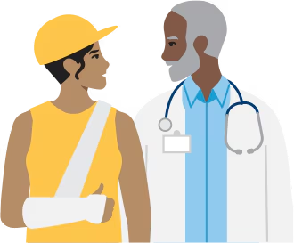 Person wearing arm cast talking to doctor.