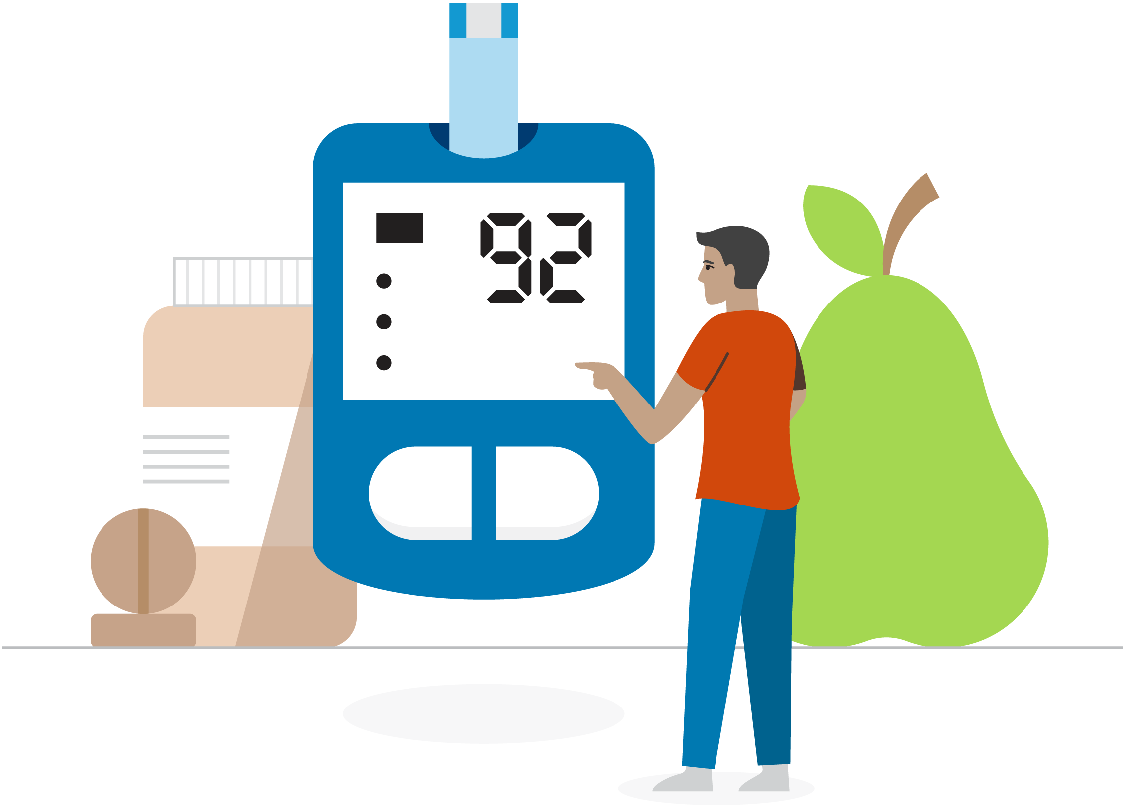 Man interacting with a glucometer and a pear