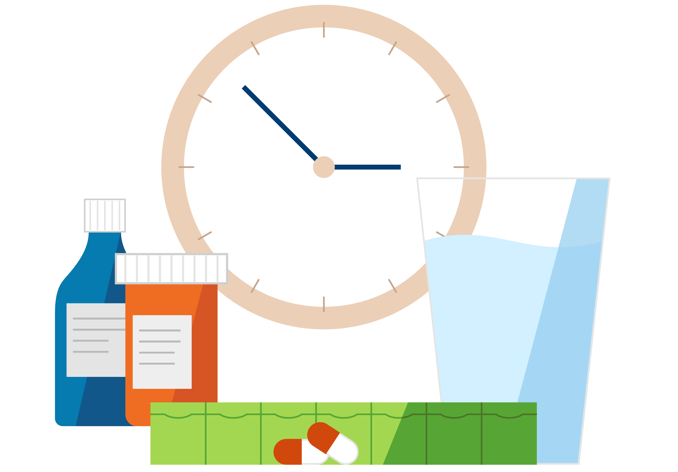Medication in front of clock, green pillbox (PNG)