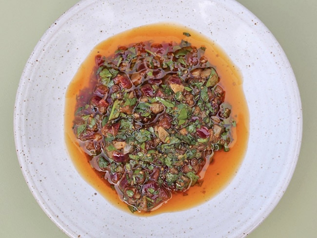 Chermoula marinade in a white bowl.
