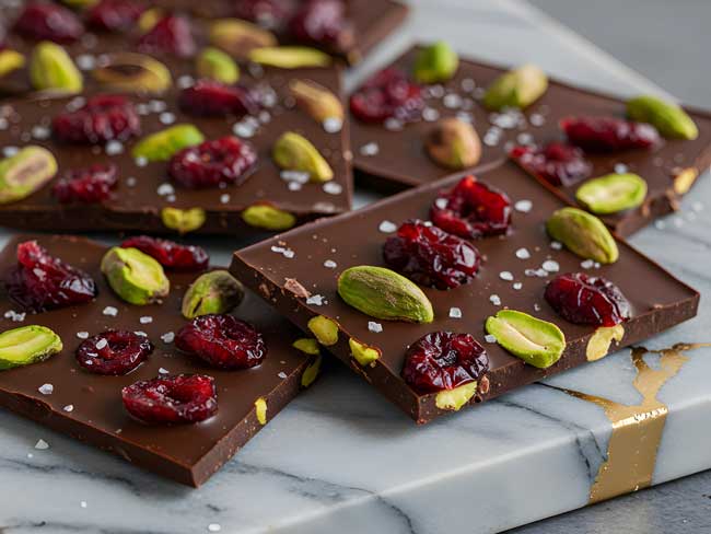 Chocolate bark with dried cranberries and pistachios
