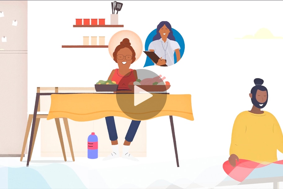 Illustration of a person at a table with healthy foods.