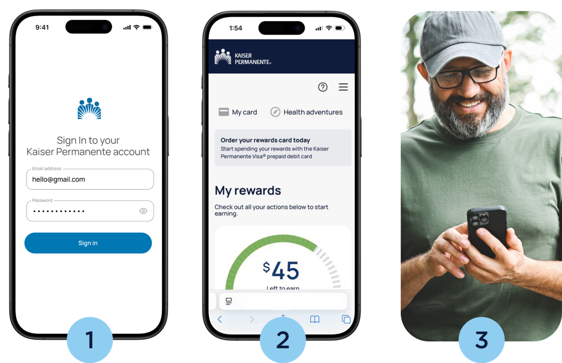 Steps for logging in, viewing, and completing activities in the Kaiser Permanente app.