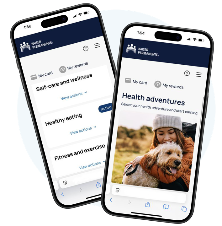 Kaiser Permanente app screens showing health adventures and rewardable activities.