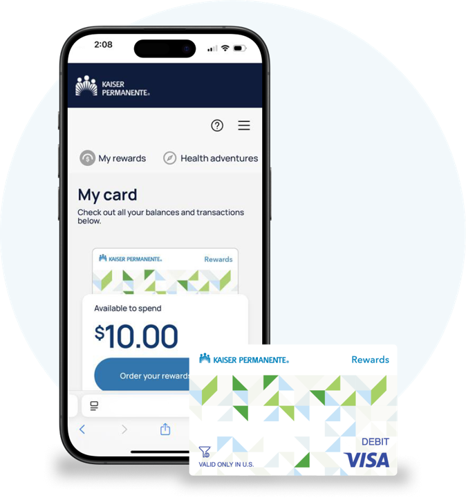 Kaiser Permanente app showing rewards activities, balance, and the rewards card