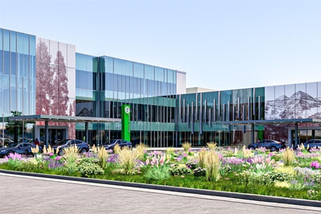 Exterior office building overlooking a lawn