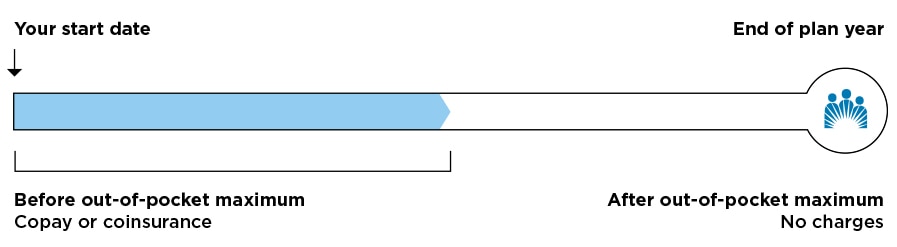 Bar graph showing a copay or coinsurance before your out-of-pocket maximum and no charges after it