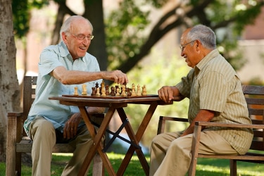 Two older adults playing chess in the park