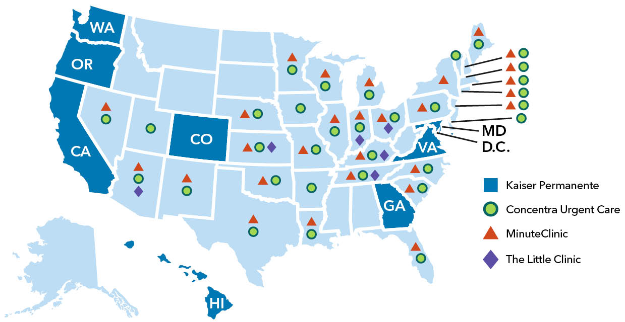 U.S. map showing Kaiser Permanente urgent care coverage in all 50 states