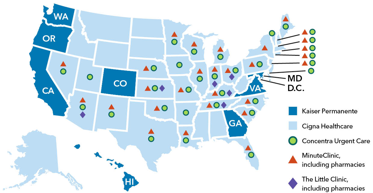 U.S. map showing Kaiser Permanente urgent care coverage in all 50 states