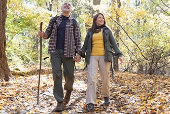 A couple walking in forest holding hands