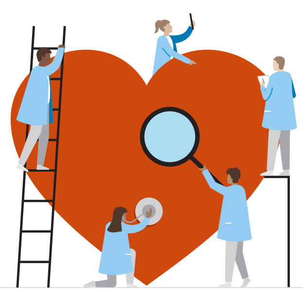 Illustration of 5 members of a care team surrounding and examining a large red heart