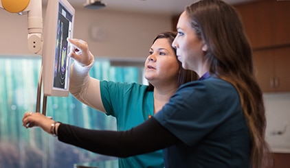Two care professionals viewing medical monitor