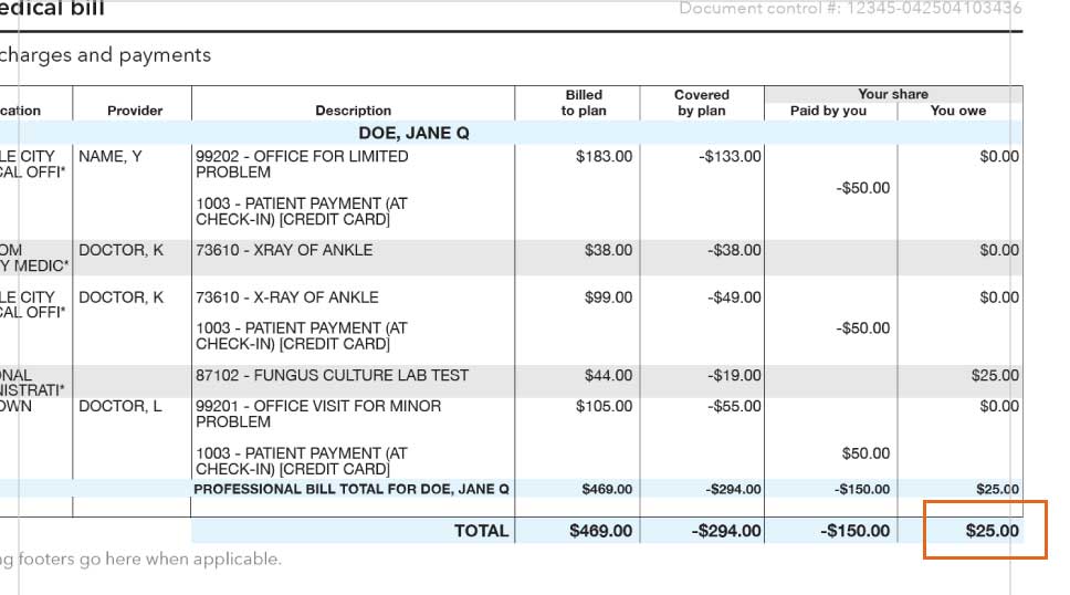 Partial image of medical bill with total amount you owe highlighted