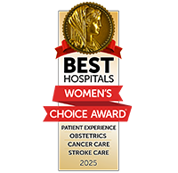 Badge for Women's Choice Award best hospitals for obstetrics stroke care and cancer in 2024