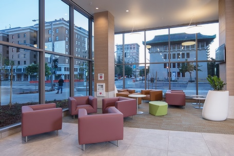 Modern lobby with city views