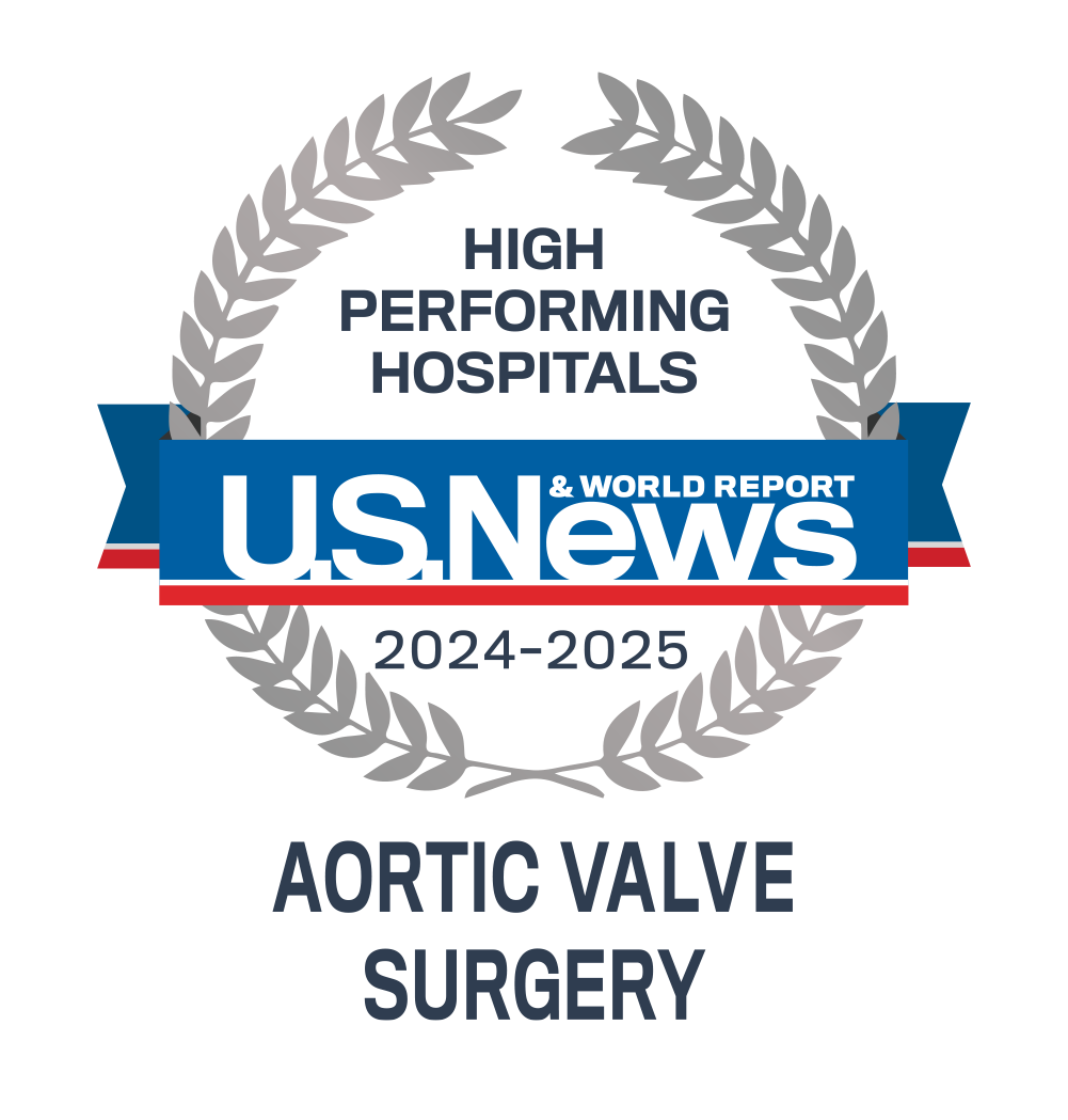 2025 U.S. News & World Report High performing hospital badge for aortic valve surgery