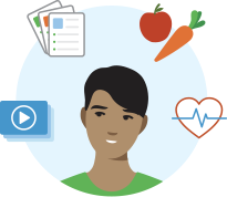 Illustration of a person surrounded by healthy living icons.