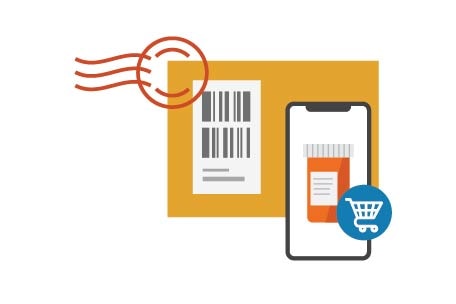 Postage envelope with cell phone displaying prescription bottle