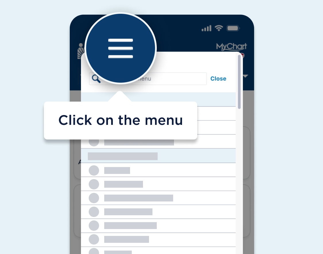 MyChart dashboard webpage featuring a highlighted area after the Kaiser Permanente logo in the navigation header showing the main navigation menu which is visually represented by a Menu icon. A text bubble for the highlighted area says click on the menu. 