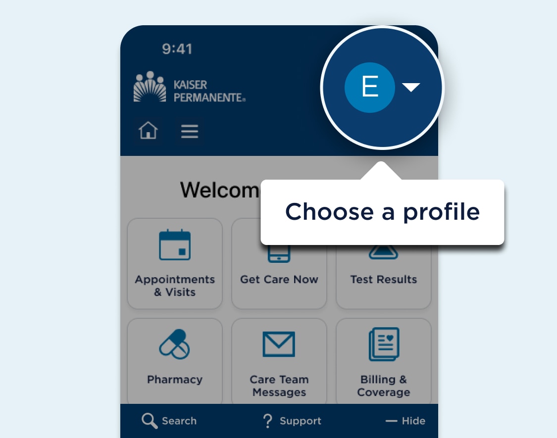 MyChart dashboard webpage featuring a highlighted area near the end of the navigation header showing the account options menu button. A text bubble for the highlighted area says choose a profile.
