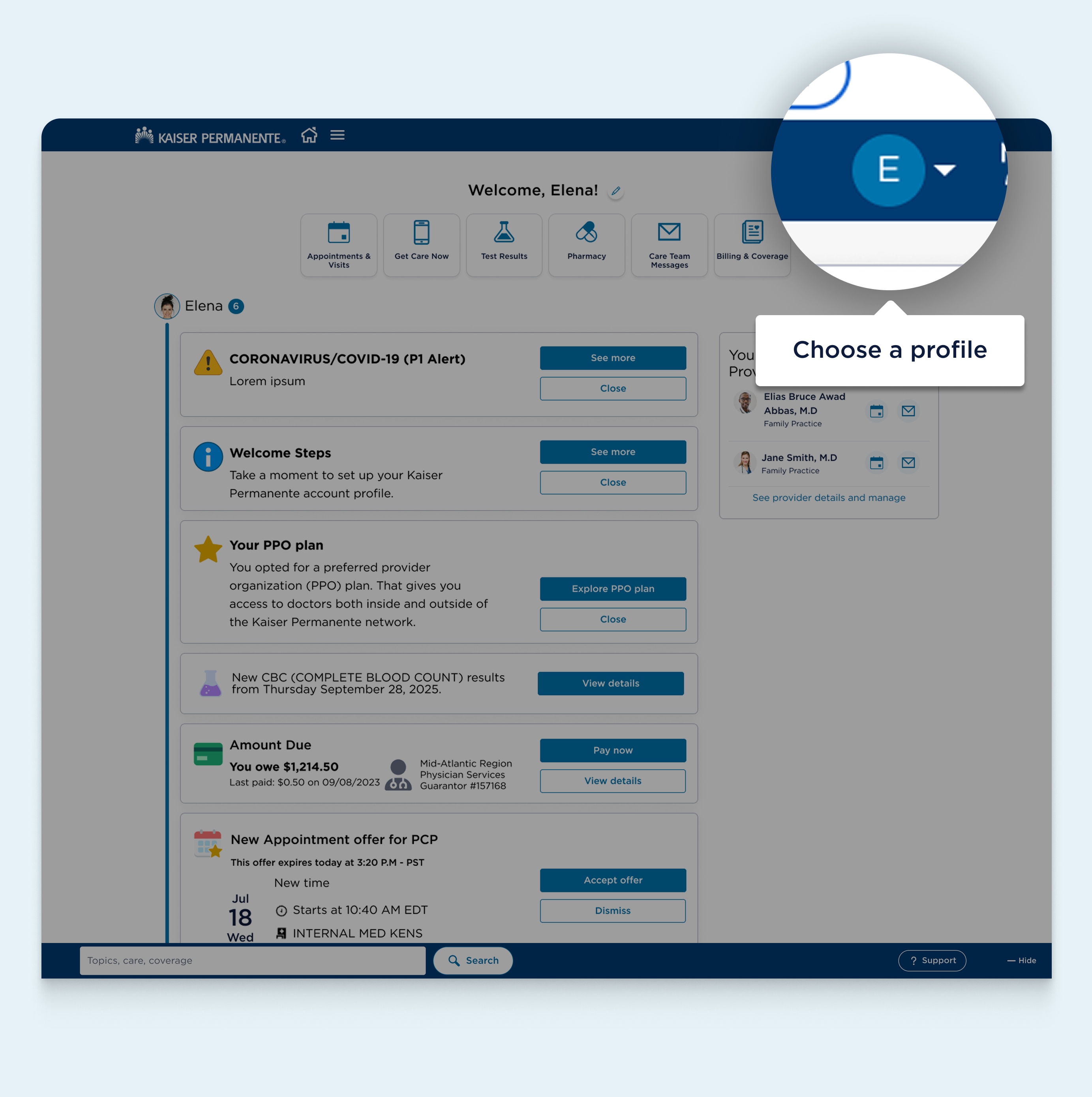 MyChart dashboard webpage featuring a highlighted area near the end of the navigation header showing the account options menu button. A text bubble for the highlighted area says choose a profile.