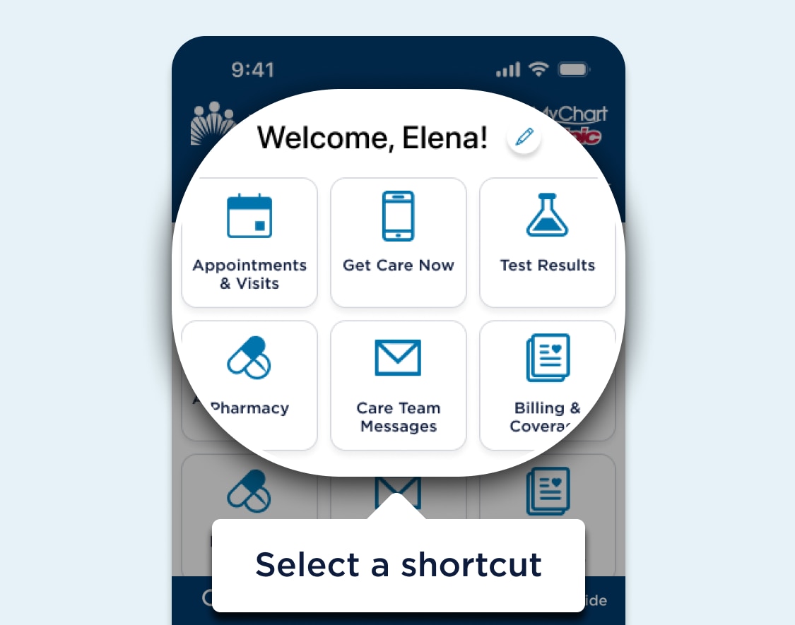 MyChart webpage featuring a highlighted area with customizable shortcuts below the level one heading. A Pencil icon comes after the heading and a text bubble for the whole highlighted area says select a shortcut.