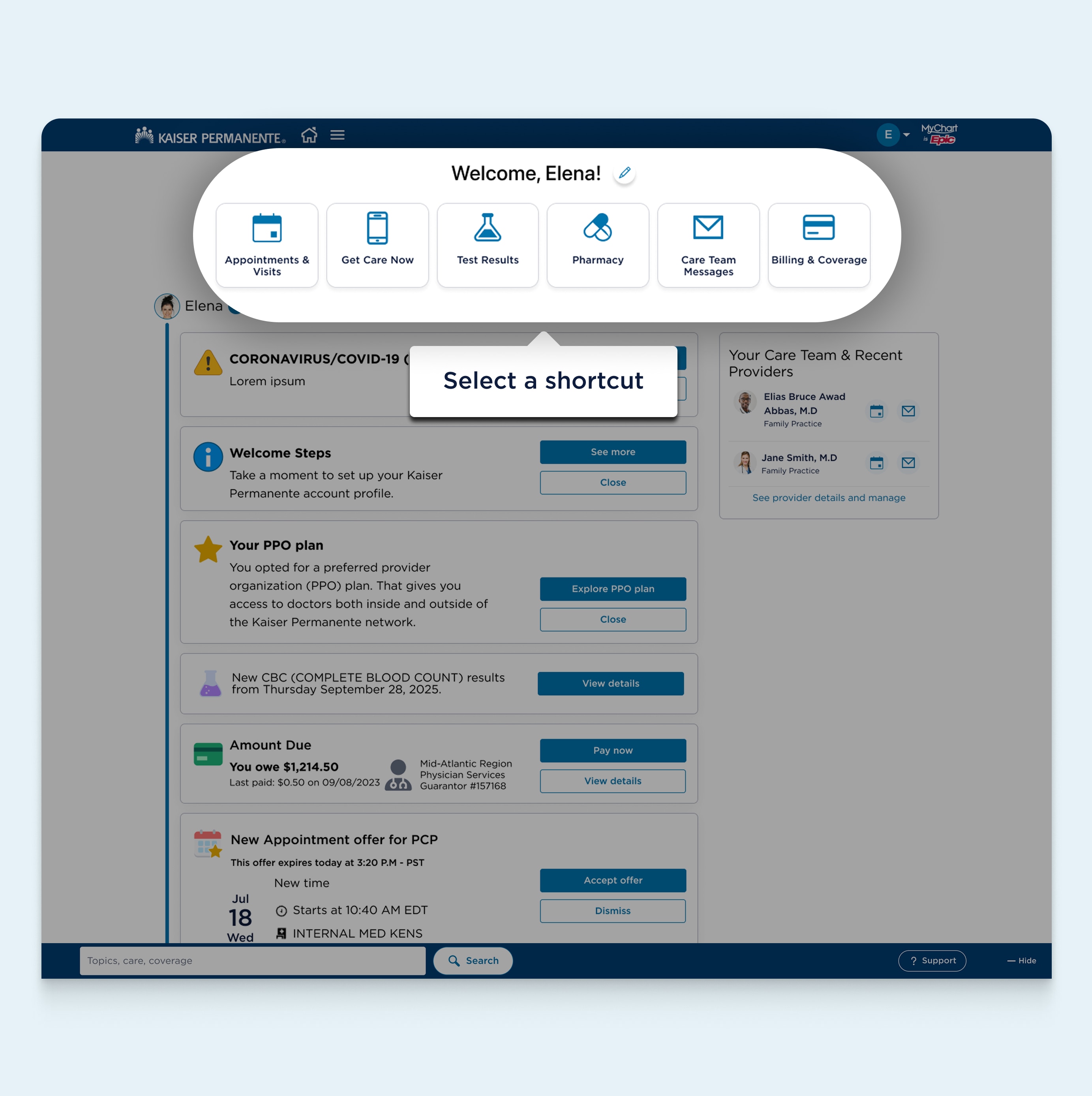 MyChart webpage featuring a highlighted area with customizable shortcuts below the level one heading. A Pencil icon comes after the heading and a text bubble for the whole highlighted area says select a shortcut.