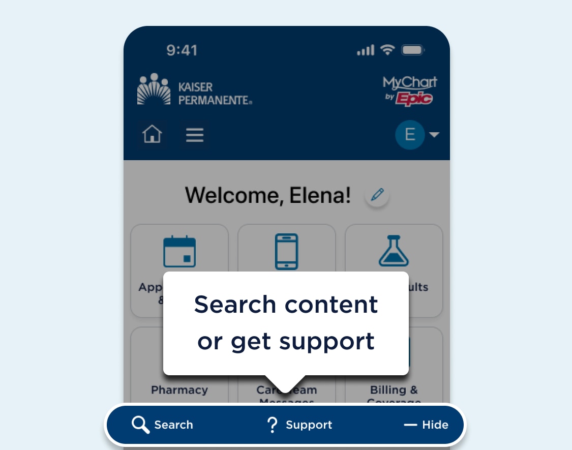 MyChart dashboard webpage featuring a highlighted area in a bar near the end of the page content showing action buttons search and help. A text bubble for the highlighted area says search content or get support.