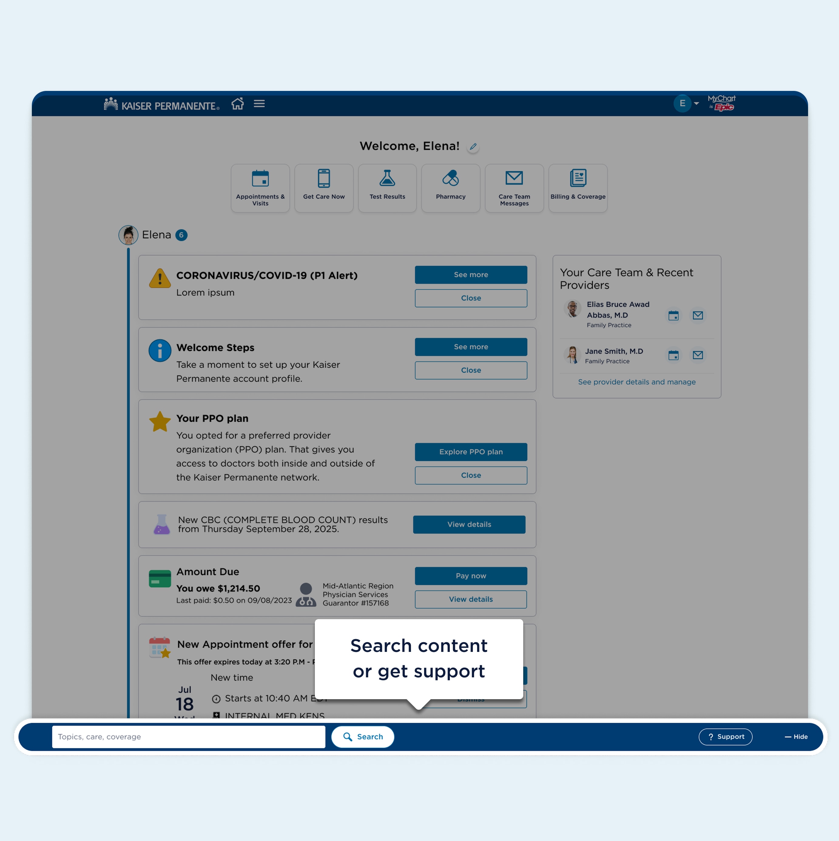 MyChart dashboard webpage featuring a highlighted area in a bar near the end of the page content showing action buttons search and help. A text bubble for the highlighted area says search content or get support.