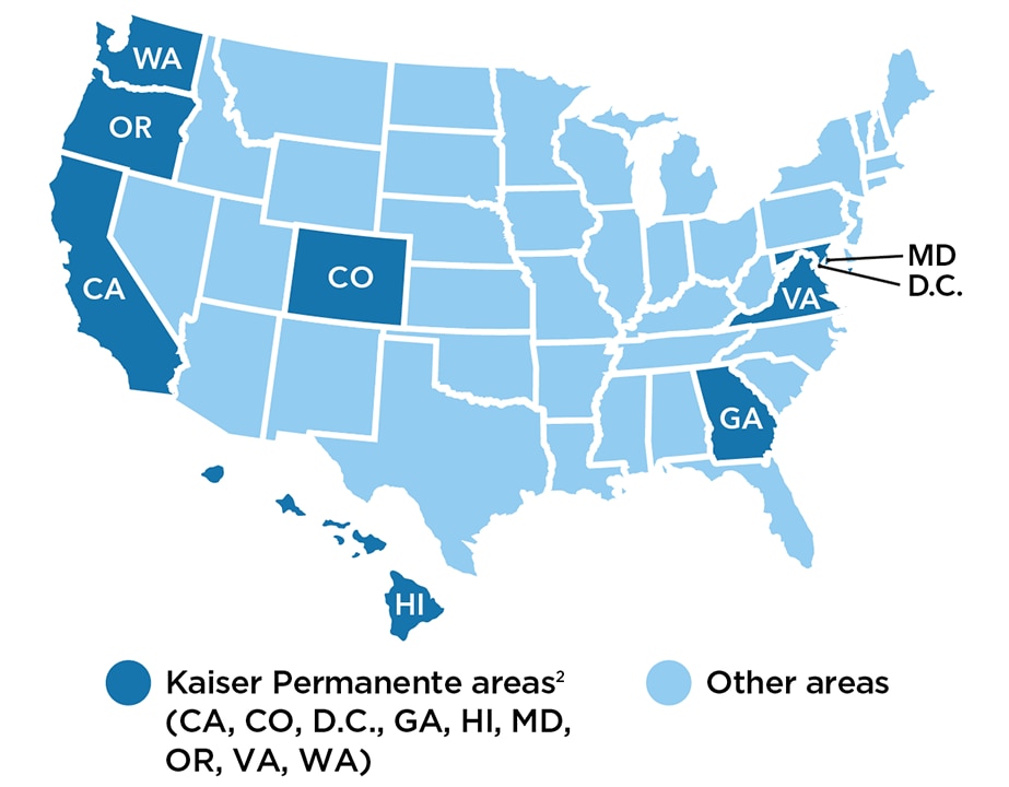 U.S. map with key, showing the Kaiser Permanente areas. See footnote 2 (CA, CO, D.C., GA, HI, MD, OR, VA, WA) and other areas. 