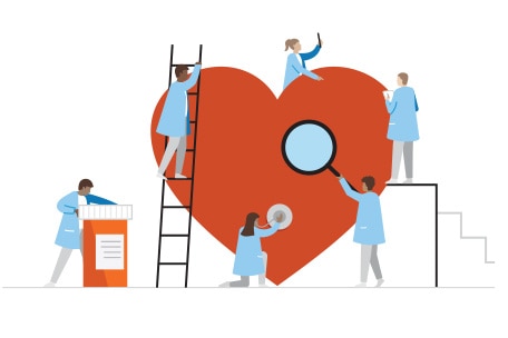 Illustration of 5 members of a care team surrounding and examining a large red heart