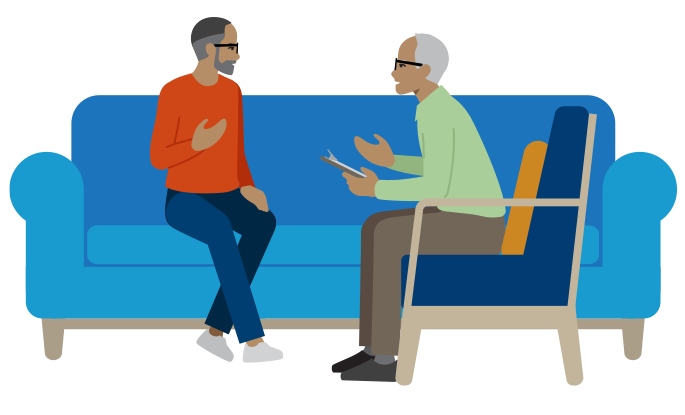 Illustration of a person sitting on a couch talking to a therapist