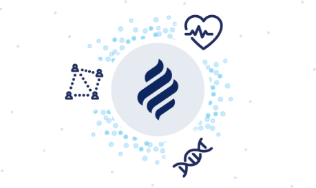 Connected care teams, heart with heart monitor lines, DNA helix, and Bernard J. Tyson School of Medicine logo.